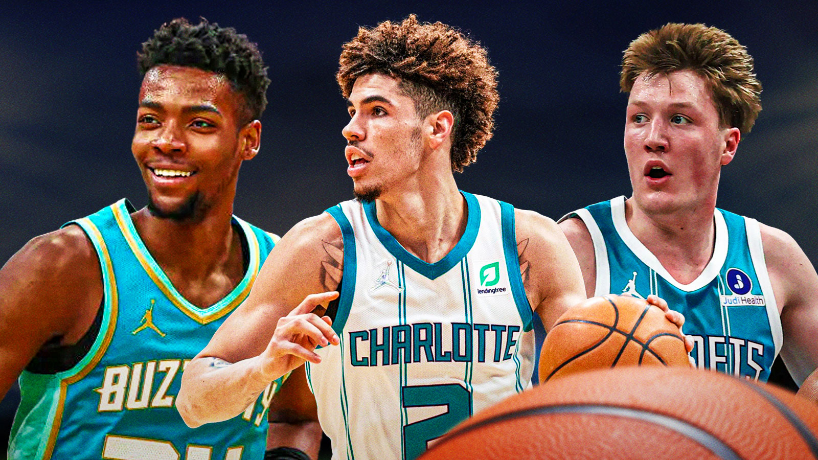 Brandon Miller, LaMelo Ball, Kon Knueppel all beside each other, Dark skies in the background