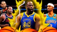 Draymond Green hyped up with a Dragon Ball Z aura around him with a stock up emoji as SGA, KD, and Kawhi Leonard watch him