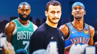 Celtics head coach Joe Mazzulla next to Celtics' Jaylen Brown & Thunder All-Star Shai Gilgeous-Alexander with the Oklahoma City skyline in the background