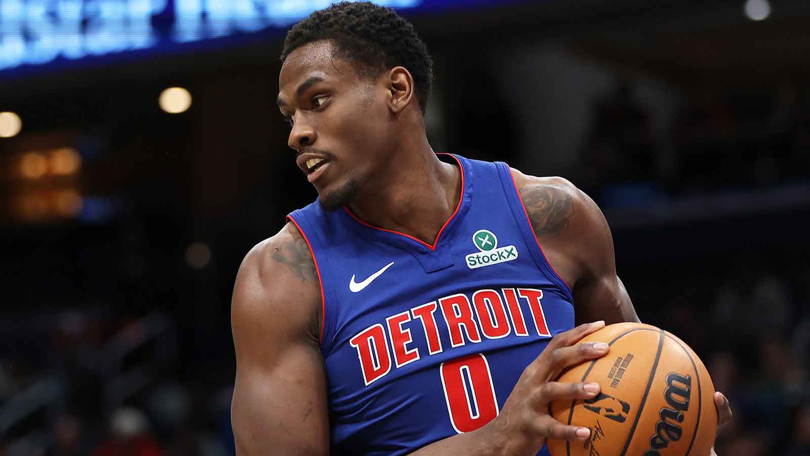 Detroit Pistons center Jalen Duren (0) grabs a rebound during the second half against the Washington Wizards at Capital One Arena