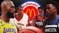 LeBron James in Lakers jersey next to LeBron James in McDonald's All-American Game jersey on one side of graphic. Other side is Anthony Edwards in Timberwolves jersey next to Anthony Edwards in McDonald's All-American Game jersey. McDonald's All-American Game logo front and center.