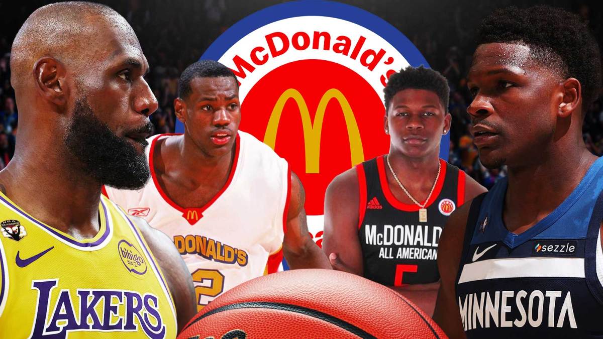 LeBron James in Lakers jersey next to LeBron James in McDonald's All-American Game jersey on one side of graphic. Other side is Anthony Edwards in Timberwolves jersey next to Anthony Edwards in McDonald's All-American Game jersey. McDonald's All-American Game logo front and center.