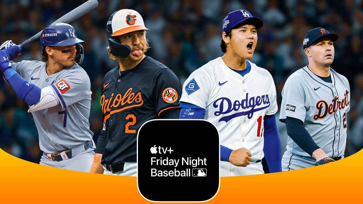 Shohei Ohtani, Tarik Skubal, Gunnar Henderson, Bobby Witt Jr. together with Apple TV MLB logo front and center.