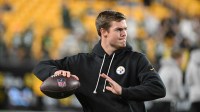 Pittsburgh Steelers quarterback Will Howard warms up for a game against the Green Bay Packers at Acrisure Stadium.