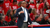 North Carolina Tar Heels head coach Hubert Davis reacts during the first half against the NC State Wolfpack at Lenovo Center.