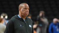 North Carolina Tar Heels head coach Hubert Davis during a practice session ahead of the first round of the men's 2026 NCAA Tournament at Bon Secours Wellness Arena.
