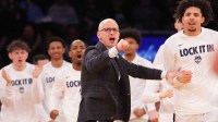 UConn Huskies head coach Dan Hurley reacts to a play against the Xavier Musketeers during the first half at Madison Square Garden.