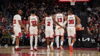 Feb 7, 2026; Chicago, Illinois, USA; Chicago Bulls guard Jaden Ivey (31) guard Anfernee Simons (22) guard Collin Sexton (2) center Nick Richards (13) and forward Isaac Okoro (35) on the court during the second half against the Denver Nuggets. All five players werenât 0n the team at the start of the season at United Center. Mandatory Credit: David Banks-Imagn Images
