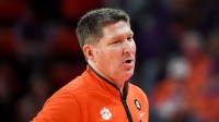 Clemson Tigers head coach Brad Brownell reacts to a call Saturday, Feb. 28, 2026, during the NCAA men’s basketball game against the Louisville Cardinals at Littlejohn Coliseum in Clemson, South Carolina. Clemson Tigers won 80-75.