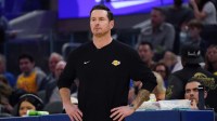 Los Angeles Lakers head coach JJ Redick watches the action against the Golden State Warriors in the third period at Chase Center.