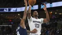 Memphis Grizzlies forward Cedric Coward (23) shoots as Minnesota Timberwolves guard Bones Hyland (8) defends during the second quarter at FedExForum.