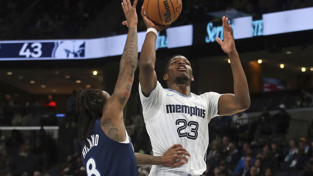 Memphis Grizzlies forward Cedric Coward (23) shoots as Minnesota Timberwolves guard Bones Hyland (8) defends during the second quarter at FedExForum.