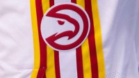 Detailed view of the Atlanta Hawks logo during warmups before the game against the New Orleans Pelicans at Smoothie King Center.
