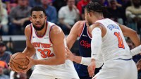 New York Knicks center Karl-Anthony Towns (32) controls the ball against the Los Angeles Clippers during the second half at Intuit Dome.