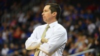 UMKC Kangaroos head coach Billy Donlon watches play during the game against the Kansas Jayhawks at Sprint Center.