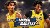 College basketball players Morez Johnson Jr and Patrick Ngongba in LA Lakers jerseys. Have the NCAA March Madness logo in the background, NBA Draft prospects