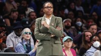 Atlanta Dream head coach Tanisha Wright during game one of the first round of the 2024 WNBA Playoffs at Barclays Center.