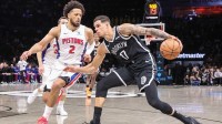 Brooklyn Nets forward Michael Porter Jr. (17) looks to drive past Detroit Pistons guard Cade Cunningham (2) in the first quarter at Barclays Center.