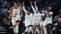 UConn Huskies forward Sarah Strong (21) returns up court after her three point basket against the UTSA Roadrunners in the second half at Harry A. Gampel Pavilion.