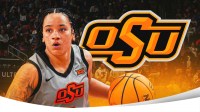 Oklahoma State women’s basketball player Jadyn Wooten with the Oklahoma State logo in the background, NCAA Tournament