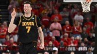 Iowa Hawkeyes forward Alvaro Folgueiras (7) reacts against the Nebraska Cornhuskers in the second half during a Sweet Sixteen game of the South Regional of the men's 2026 NCAA Tournament at Toyota Center.