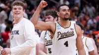Purdue Boilermakers forward Trey Kaufman-Renn (4) celebrates the team’s 79-77 win Thursday, March 26, 2026, after a Sweet 16 game against the Texas Longhorns at SAP Center in San Jose, Calif.
