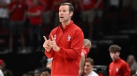 Nebraska Cornhuskers head coach Fred Hoiberg reacts in the first half during a Sweet Sixteen game of the South Regional of the men's 2026 NCAA Tournament at Toyota Center.