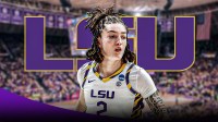 LSU Tigers women’s basketball player Grace Knox. Have the LSU logo in the background, March Madness