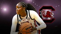 South Carolina women’s basketball player Agot Makeer. Have the South Carolina logo in the background.