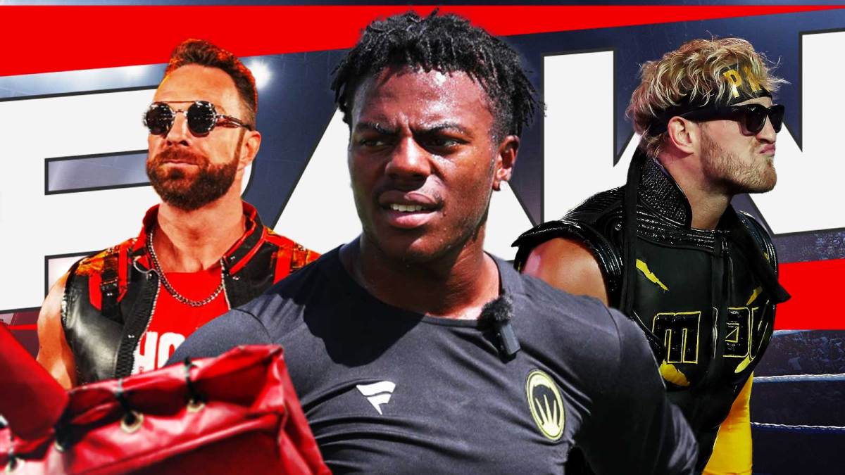 WWE star LA Knight, IShowSpeed, and Logan Paul with Monday Night RAW logo in the background.