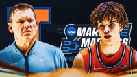 Illinois HC Brad Underwood and Illinois PG Keaton Wagler. Illinois Fighting Illini logo and March Madness logo behind them.