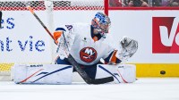 New York Islanders goalie Ilya Sorokin (30) tracks a shot against the Montreal Canadiens during the second period at Bell Centre.