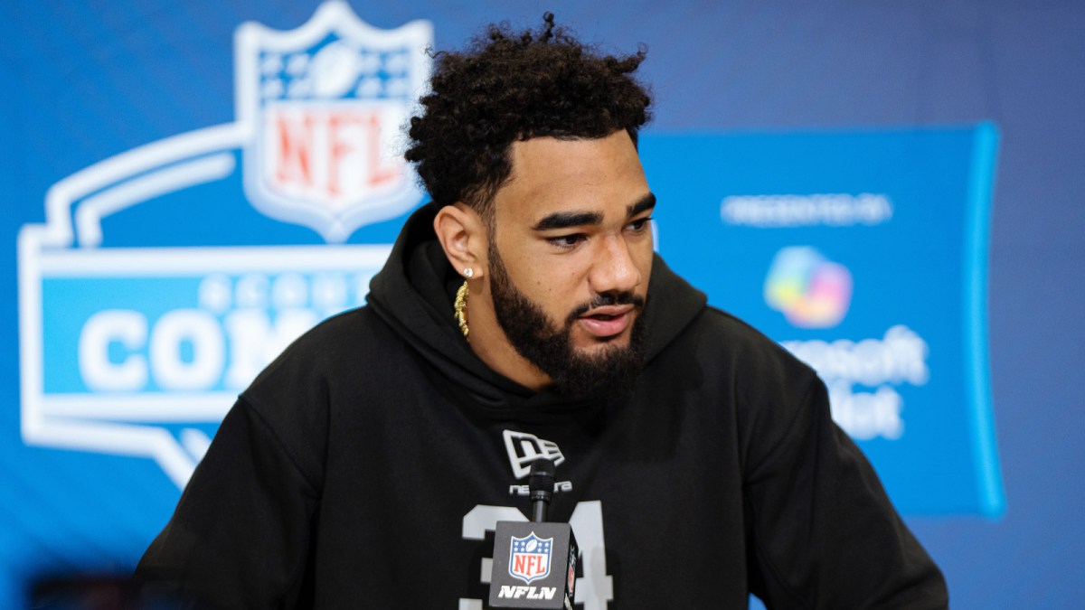 Indiana wideout Elijah Sarratt (WO34) speaks to members of the media during the NFL Combine at the Indiana Convention Center.