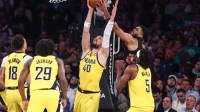 Indiana Pacers center Ivica Zubac (40) and New York Knicks center Karl-Anthony Towns (32) fight for a rebound in the second quarter at Madison Square Garden. Mandatory Credit: Wendell Cruz-Imagn Images
