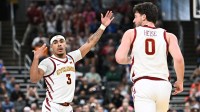 ; Iowa State Cyclones guard Tamin Lipsey (3) celebrates after making a play during the second half against the Kentucky Wildcats during a second round game of the men's 2026 NCAA Tournament at Enterprise Center.