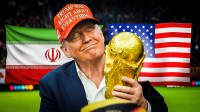 Donald Trump with the FIFA World Cup; Background - Iran & USA flags