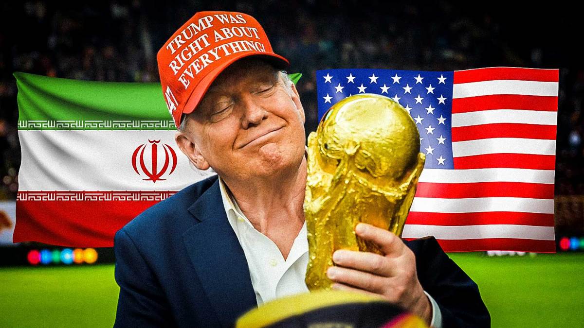 Donald Trump with the FIFA World Cup; Background - Iran & USA flags
