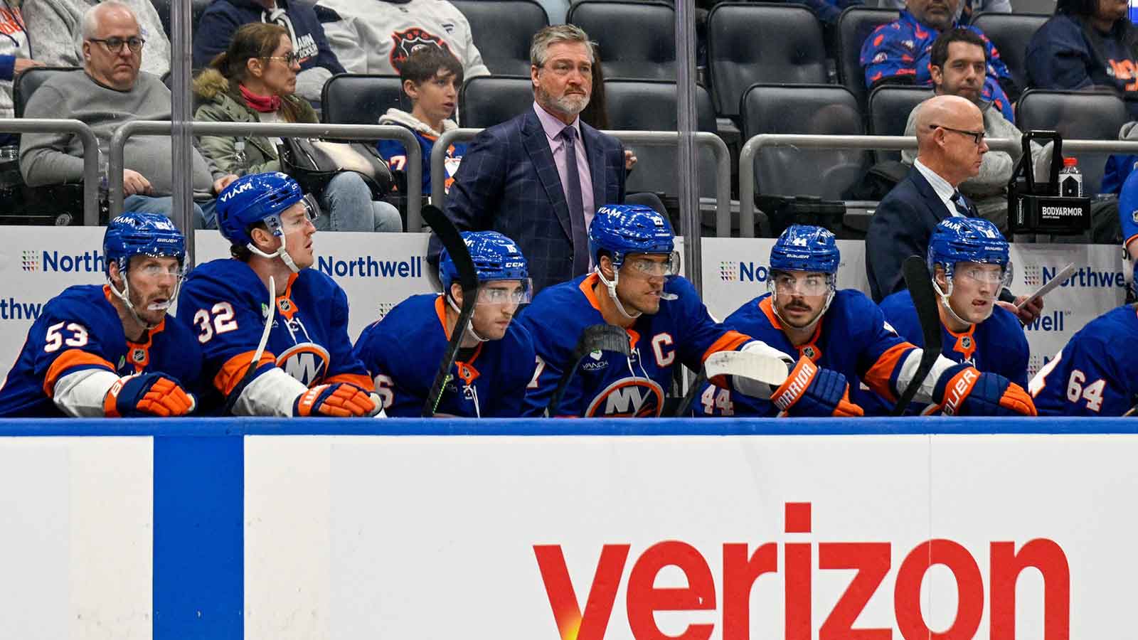 New York Islanders head coach Patrick Roy coaches the game between New York Islanders and Florida Panthers during the first period at UBS Arena.