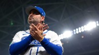 Italy manager Francisco Cervelli (29) looks on after losing against Venezuela during a semifinal game of the 2026 World Baseball Classic.