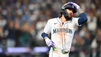 Seattle Mariners shortstop J.P. Crawford (3) runs to first base after hitting a single during the fifth inning against the Toronto Blue Jays during game three of the ALCS round for the 2025 MLB playoffs at T-Mobile Park.