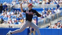 Atlanta Braves starting pitcher JR Ritchie (92) throws a pitch during the first inning against the Toronto Blue Jays at TD Ballpark.