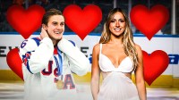 Team USA and New Jersey Devils star Jack Hughes and Tate McRae, who are officially dating, with hearts around them and hockey rink background.