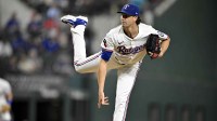 Texas Rangers starting pitcher Jacob deGrom (48) pitches against the Minnesota Twins during the first inning at Globe Life Field