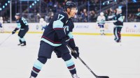 Seattle Kraken left wing Jaden Schwartz (17) warms up before the game against the Vancouver Canucks at Climate Pledge Arena.