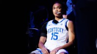 Kentucky Wildcats guard Jaland Lowe (15) waits for his name to be called during player introductions before the game against the Mississippi State Bulldogs at Rupp Arena at Central Bank Center.
