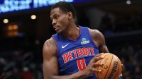 District of Columbia, USA; Detroit Pistons center Jalen Duren (0) grabs a rebound during the second half against the Washington Wizards at Capital One Arena.