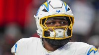 Los Angeles Chargers guard Jamaree Salyer (68) shown on the field before the game against the Atlanta Falcons at Mercedes-Benz Stadium.