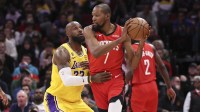 Los Angeles Lakers forward LeBron James (23) defends against Houston Rockets forward Kevin Durant (7) during the fourth quarter at Toyota Center.