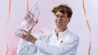 Jannik Sinner of Italy poses with the Butch Buchholz Championship Trophy after defeating Jiri Lehecka of the Czech Republic in the final of the men’s singles at the Miami Open at the Hard Rock Stadium.