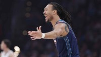 Oklahoma City Thunder forward Jaylin Williams (6) reacts after a play against the Brooklyn Nets during the first half at Paycom Center.